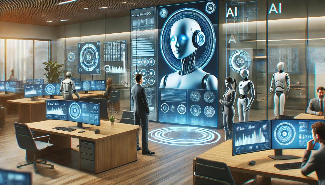 DALL·E 2024-07-06 15.55.58 - A futuristic insurance office with AI-powered chatbots and virtual assistants interacting with customers. The setting includes a sleek, modern design 