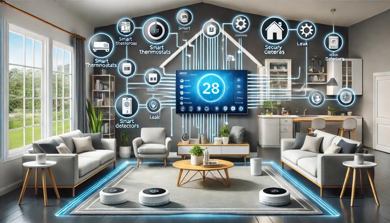 DALL·E 2024-07-06 15.56.00 - A smart home equipped with IoT devices like smart thermostats, security cameras, and leak detectors. The image shows a modern living room with these d