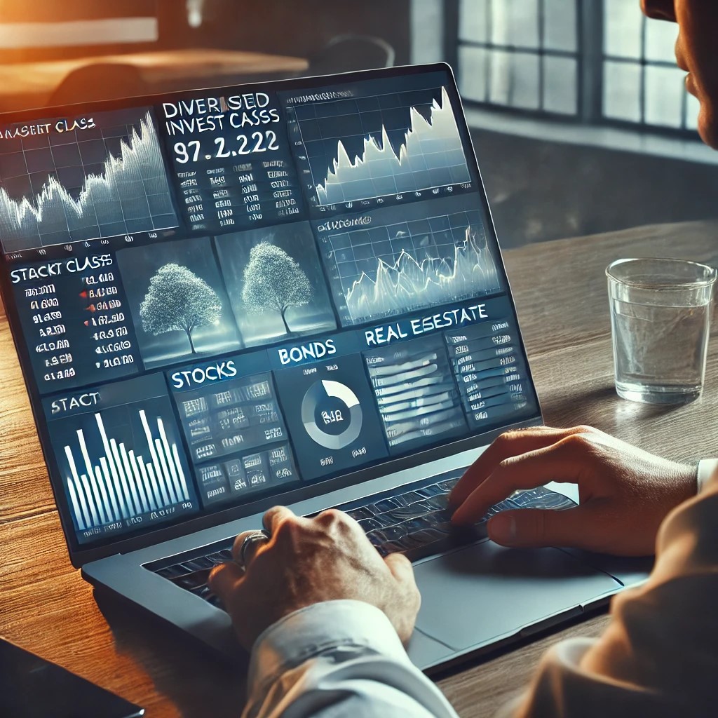 DALL·E 2024-07-08 01.04.24 - An individual investor reviewing a financial dashboard on a laptop in a home office, analyzing a diversified investment portfolio. The screen shows va