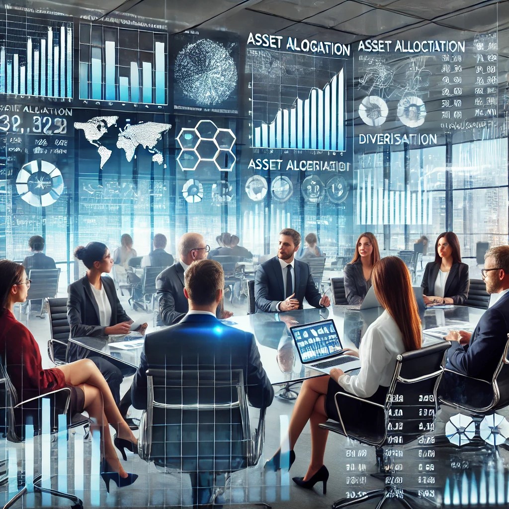 DALL·E 2024-07-06 18.23.32 - An image showing a diverse group of financial analysts in a modern office discussing investment strategies, with digital screens displaying data on as