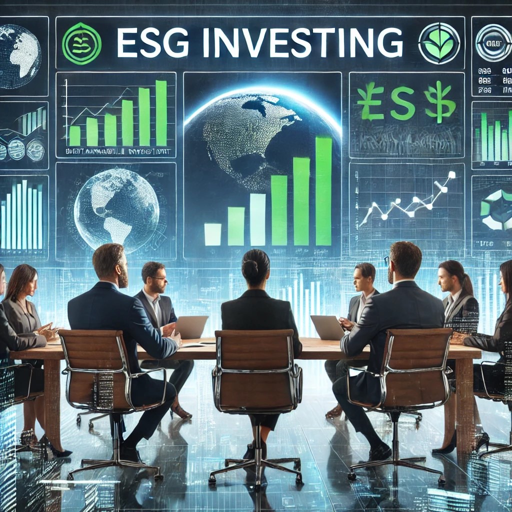 DALL·E 2024-07-06 18.23.33 - An image showing financial advisors discussing ESG investing trends, with digital screens displaying data and graphs on sustainable and ethical invest