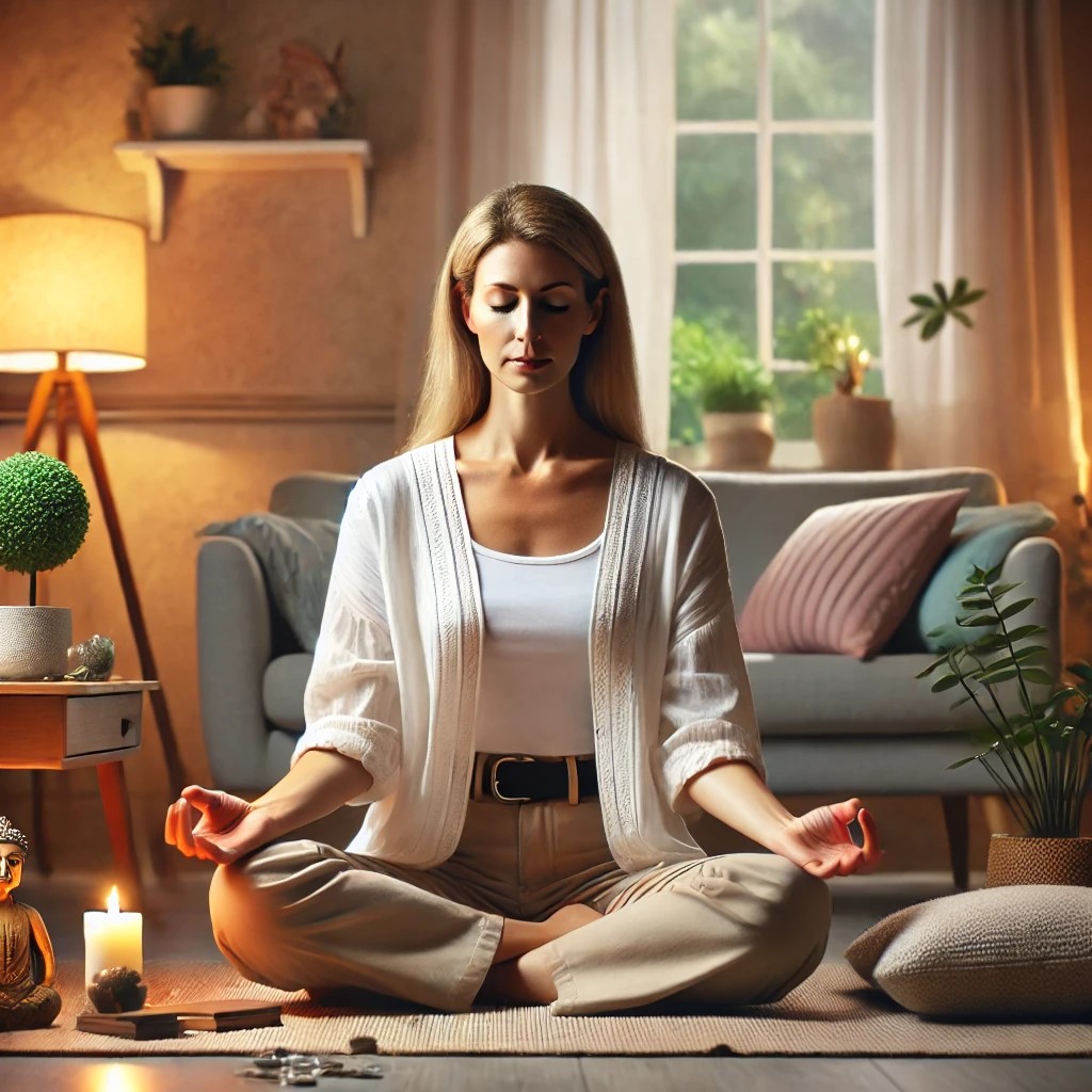 DALL·E 2024-07-03 16.47.46 - A serene image of an individual practicing mindfulness in a peaceful home environment to manage financial stress. The scene includes a middle-aged Cau