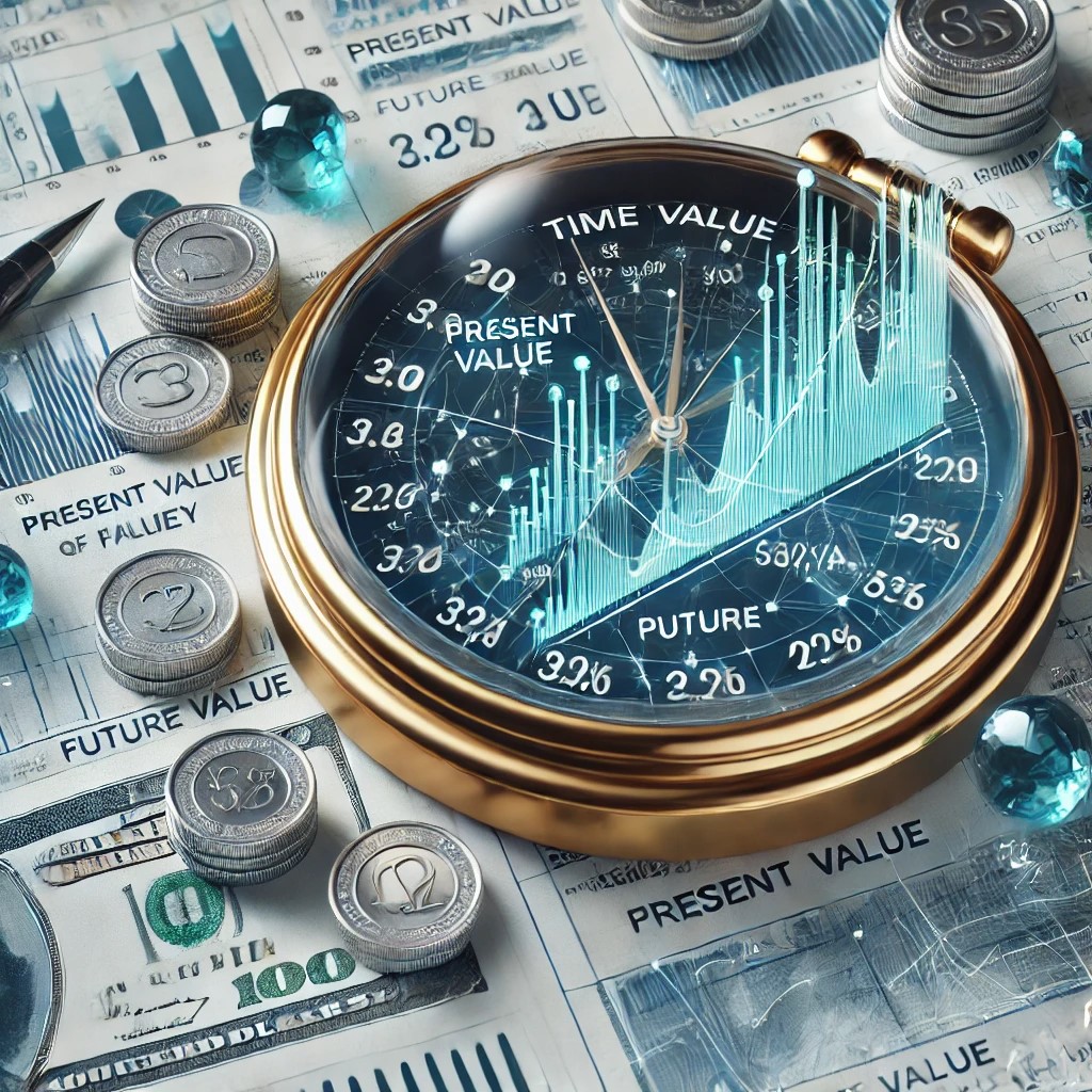 DALL·E 2024-07-28 16.41.33 - A detailed graph showing the time value of money, with present and future value calculations, symbolizing one of the basic principles of financial eco