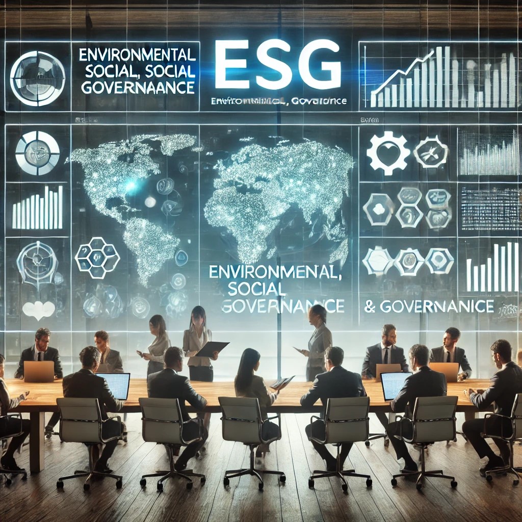 DALL·E 2024-07-28 16.38.47 - A diverse group of professionals in a modern office, analyzing ESG (Environmental, Social, Governance) criteria on multiple screens, symbolizing the i