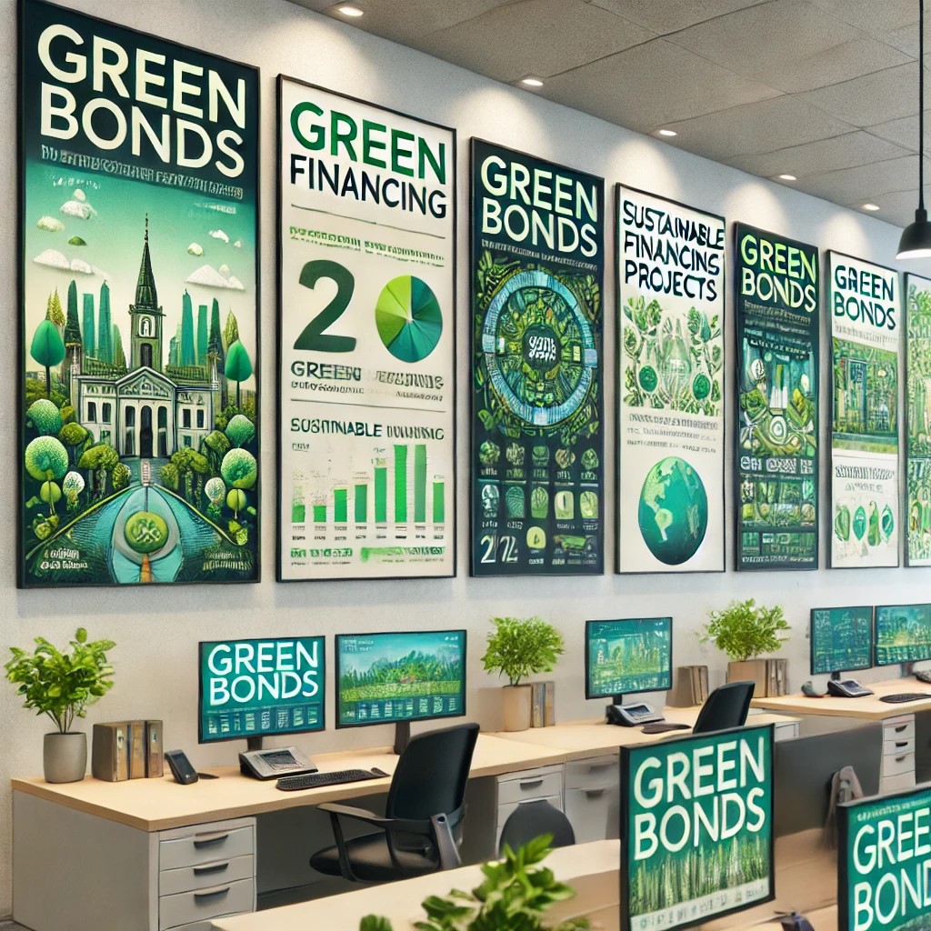 DALL·E 2024-07-28 16.38.48 - A financial institution's office with posters and displays of green bonds and sustainable financing projects, showing commitment to funding environmen