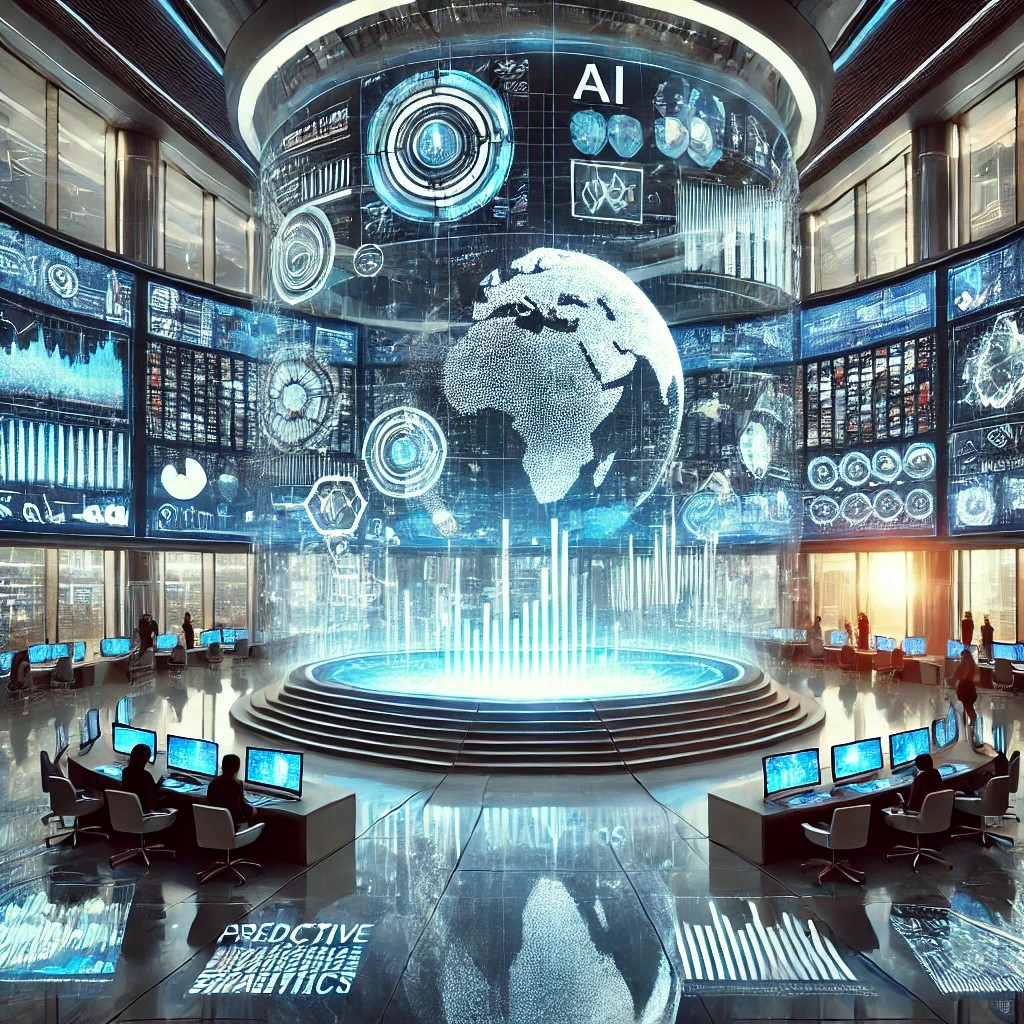 DALL·E 2024-07-28 16.43.57 - A futuristic financial hub with holographic screens displaying predictive analytics, AI-driven market predictions, and global financial trends, symbol