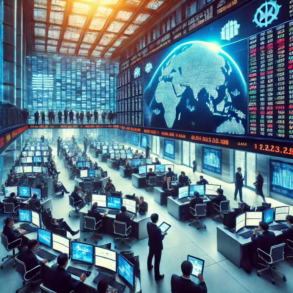 DALL·E 2024-07-28 16.46.51 - A busy stock exchange floor with traders monitoring global trade news on large screens, symbolizing the connection between global trade dynamics and m