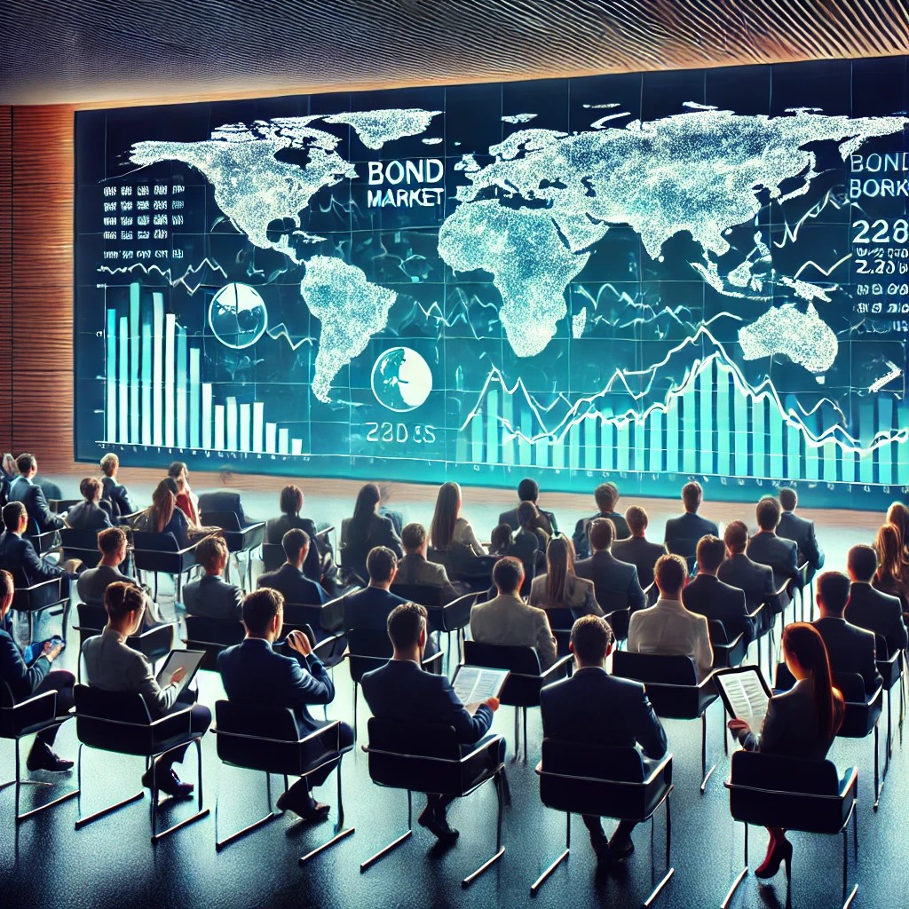 DALL·E 2024-07-09 10.33.38 - A conference room during a presentation on global bond markets, featuring a large screen displaying graphs of bond market trends across different coun